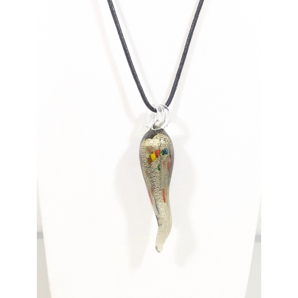 Smokey Gray Dichroic Glass‎ Horn Pendant Adjustable Black Cord Necklace 22"